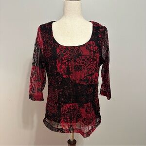 90s Kiara Black and Red Sheer Lace Overlay 3/4 Sleeve Top Size L